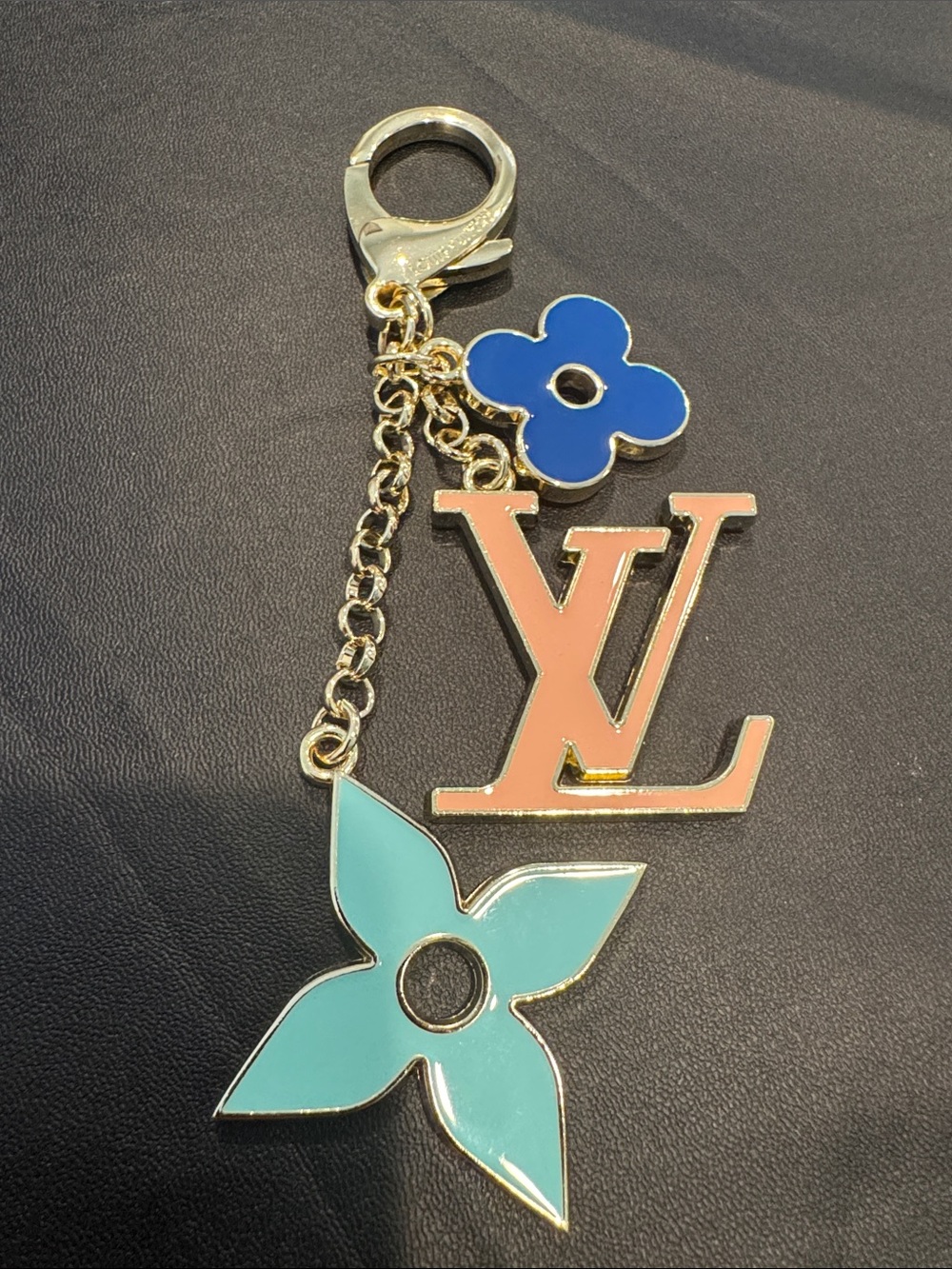 Louis Vuitton Gold-Tone Key & Card Charm with Blue, Coral & Turquoise Enamel